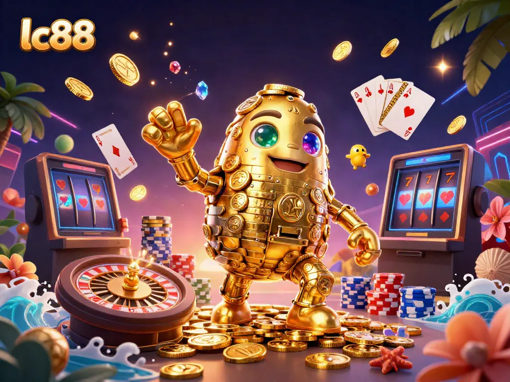 Experience lucrative gaming with lc88, showcasing a vibrant casino-themed 3D illustration