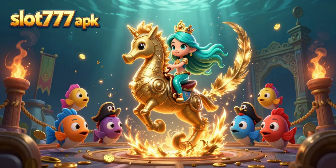 Win big with slot777 apk amidst a vibrant underwater gambling scene full of gold coins and characters.