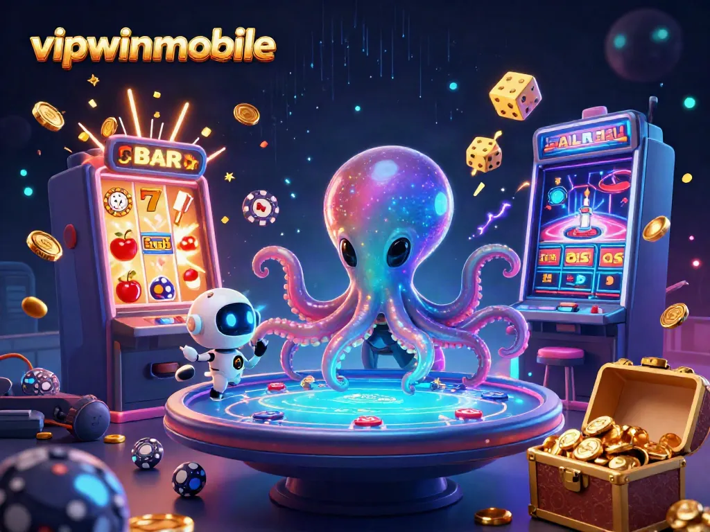 Experience thrilling gameplay at vipwinmobile with a vibrant 3D illustration of an alien octopus and poker elements.