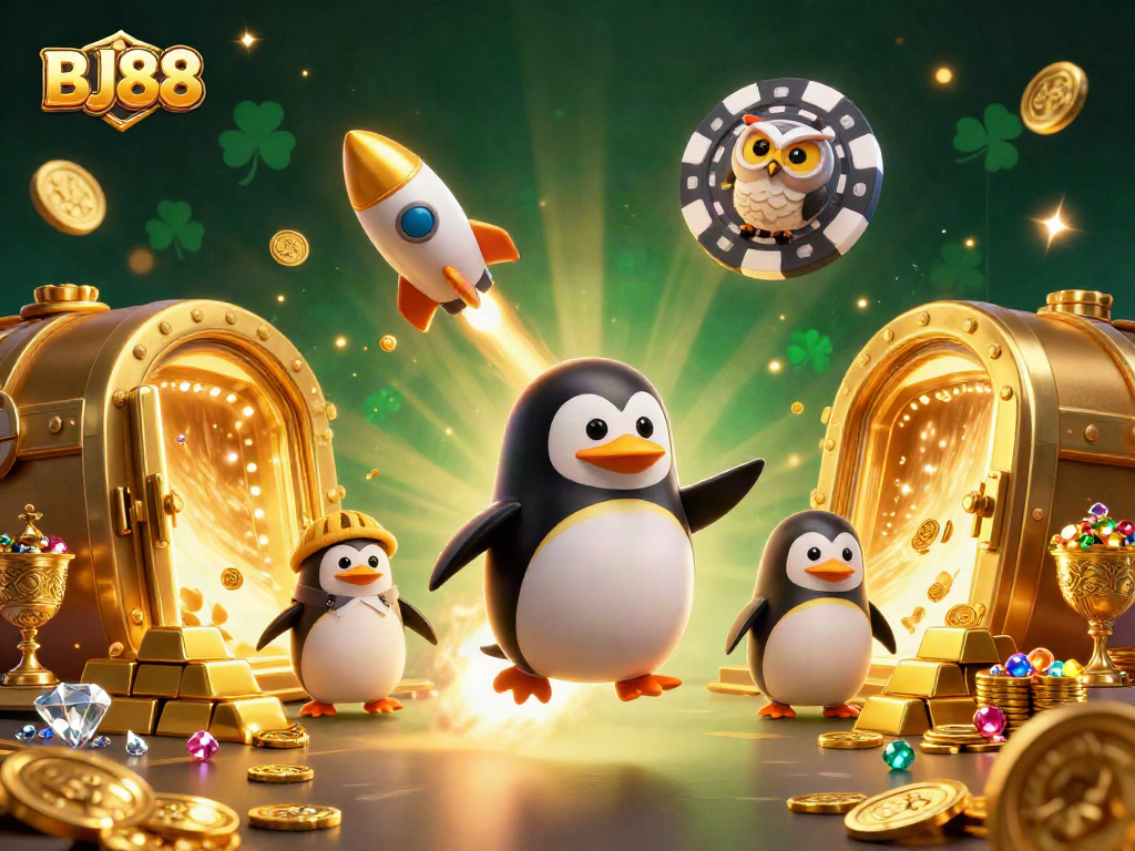 Experience thrilling space adventures for BJ88 with a golden penguin and casino treasures