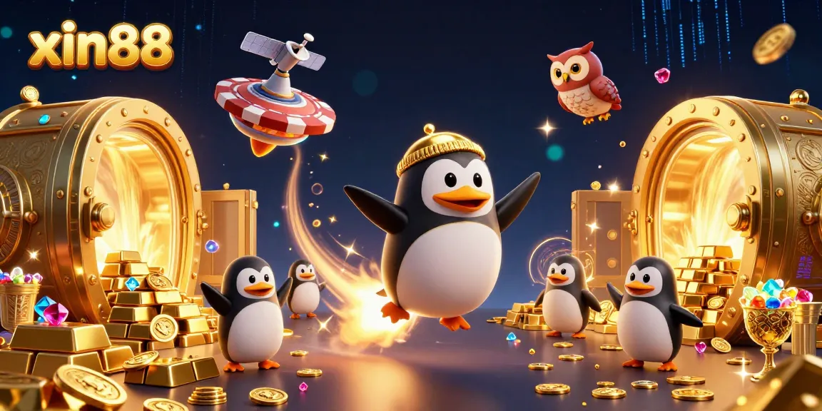 Experience the thrilling excitement of xin88 with a golden penguin navigating a cosmic casino adventure.
