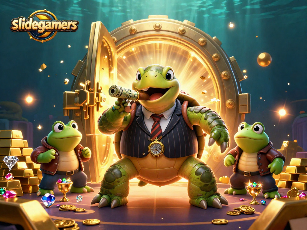 Engage with slidegamers' thrilling casino scene featuring a turtle mobster in a treasure-rich environment.