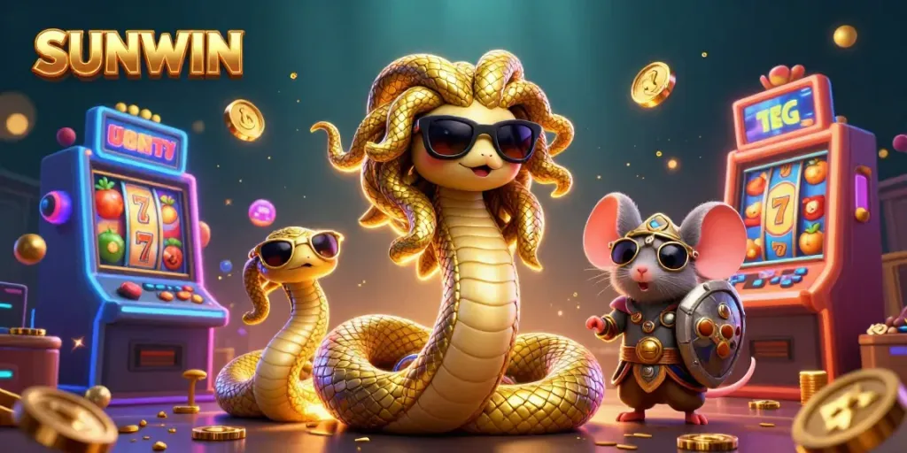 Experience thrilling gameplay in SUNWIN with cute Medusa and a warrior mouse amidst vibrant slot machines.