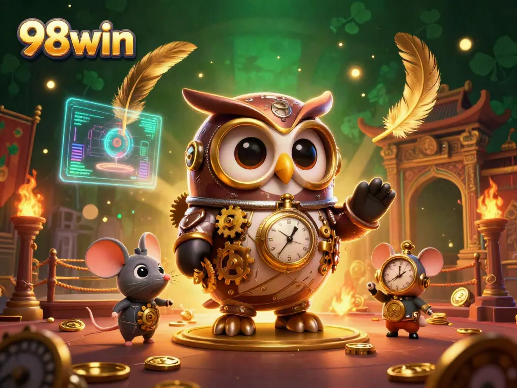 Experience the thrilling action at 98win, where a steampunk owl and mouse explore an exciting gaming world.