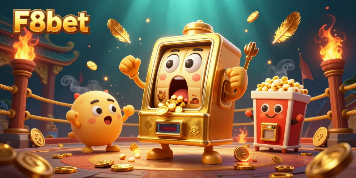 F8bet slot machine hits jackpot with cheering companions, creating a vibrant casino atmosphere.