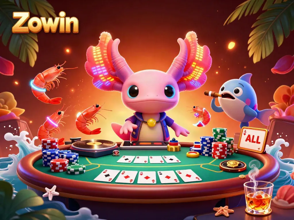 Zowin captivates with a vibrant 3D display of casino excitement featuring a neon axolotl DJ and thrilling gambling elements.