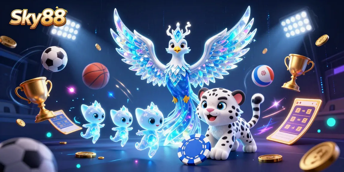 Engage with Sky88's vibrant experiences featuring a phoenix, leopard, and dynamic sports elements.