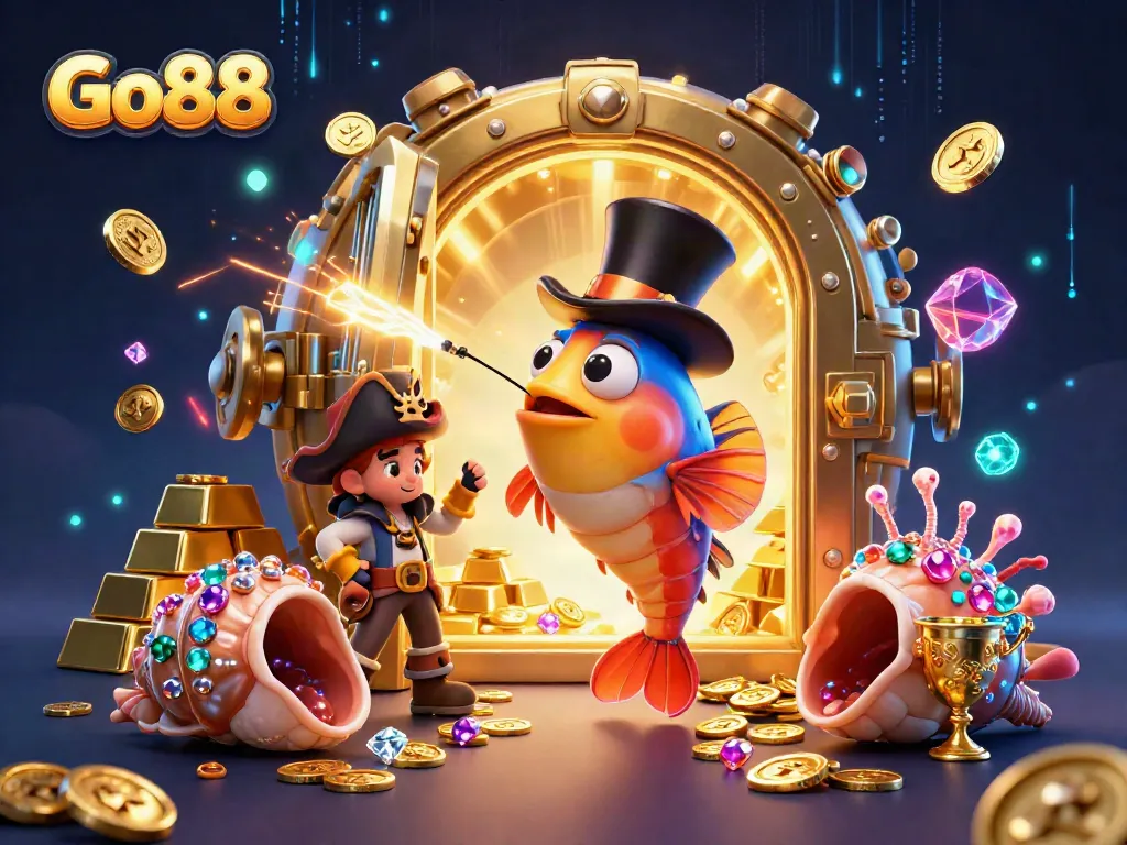Go88 showcases a vibrant 3D casino scene with the anglerfish attracting coins amidst treasure.