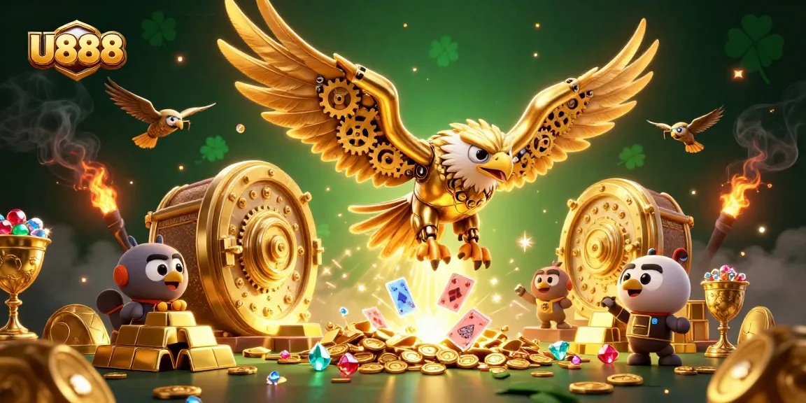 U888 players enjoy a thrilling dive with a golden eagle amidst dazzling casino treasures and holographic cards.