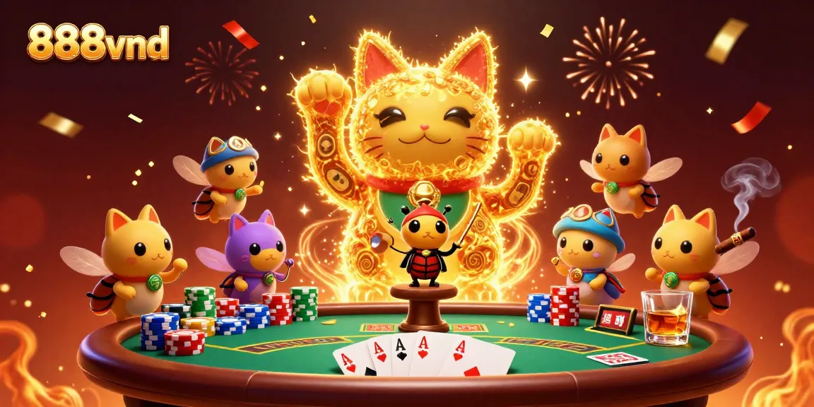 Engage with thrilling casino action at 888vnd, featuring a lively lucky cat and poker elements.