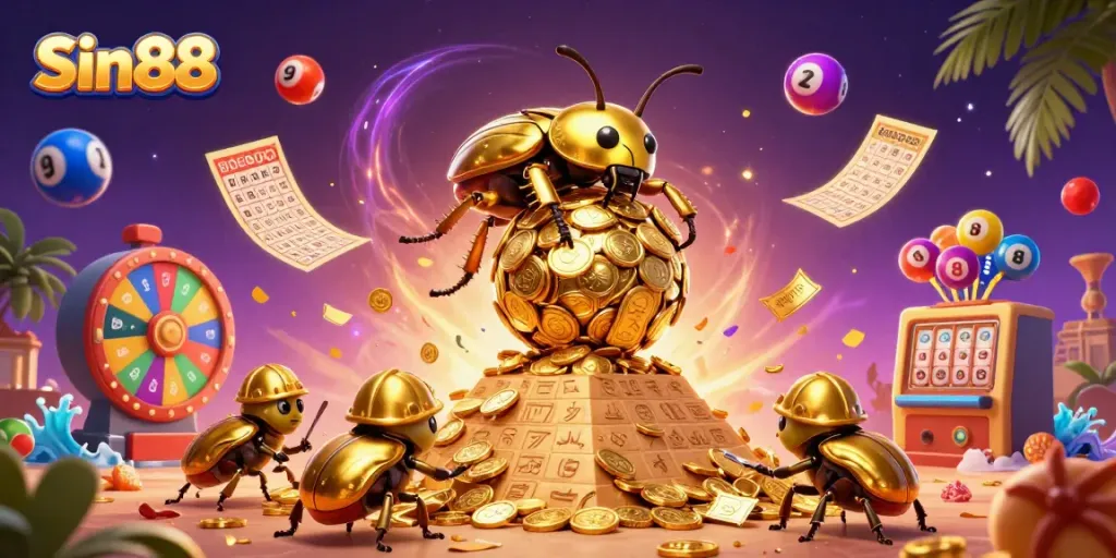 Spin the reels with Sin88's vibrant casino games featuring colorful lottery balls and golden coins.