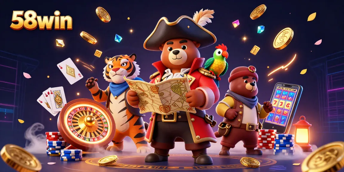 Engage in thrilling gaming adventures at 58win with vibrant casino elements and enchanting characters.