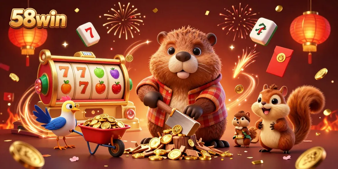 Experience thrilling wins with 58win's vibrant casino adventure featuring animated characters and slot elements.