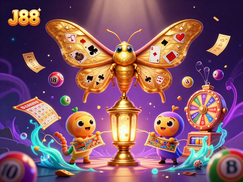 Experience the excitement of J88 with vibrant lottery and casino elements in a stunning 3D illustration.
