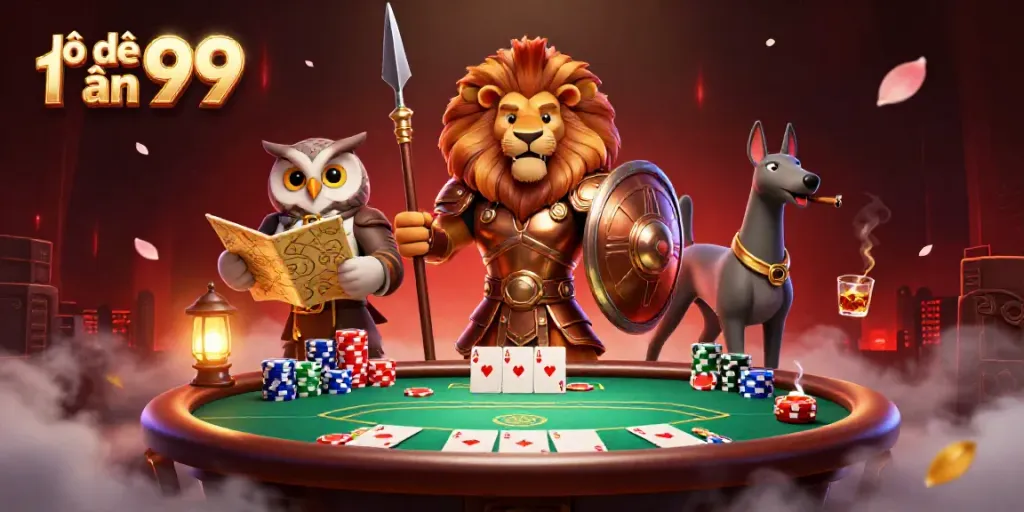 Lô đề 1 ăn 99 scene showcasing an armored lion, tactical owl, and greyhound beside a vibrant poker table