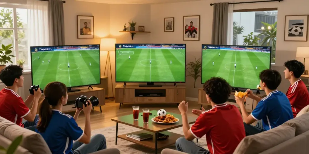 Friends enjoying a live football match from Thapcamtv in a cozy living room.