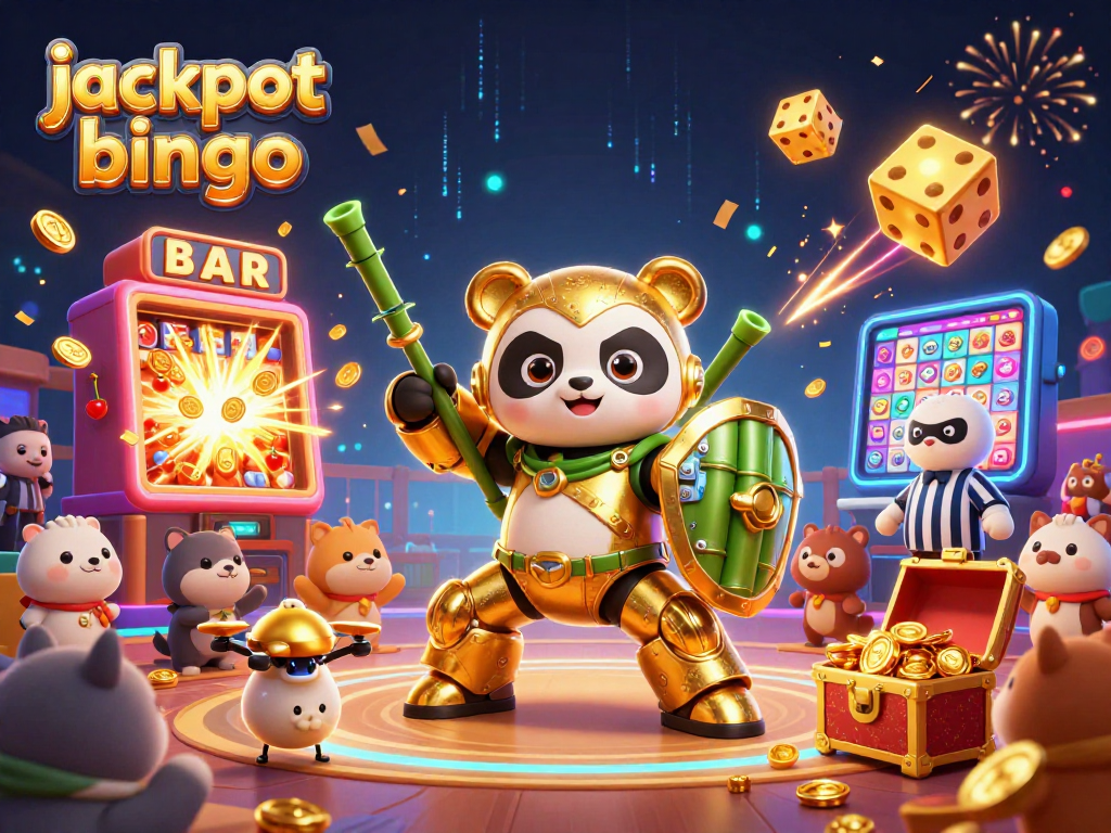 Experience jackpot bingo thrill featuring a mech-suit panda in an energetic 3D casino scene.
