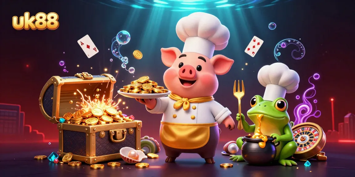 uk88 showcases a vibrant casino scene with a chef pig, sous-chef mouse, and food critic frog amid floating cards and gold coins.