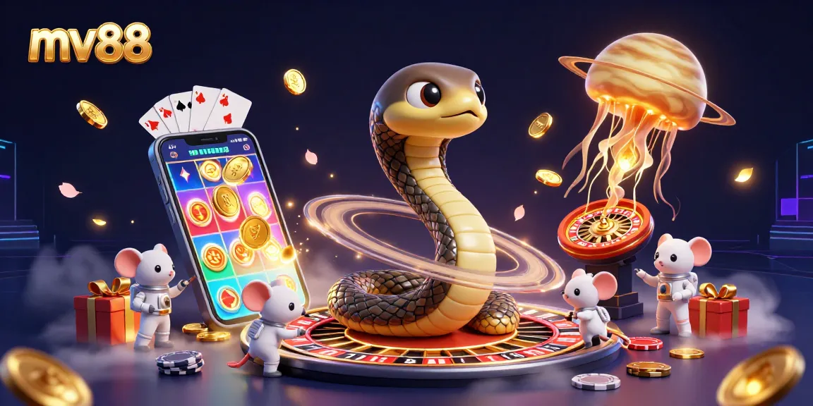 Engage in thrilling gambling action at mv88 with a dynamic 3D casino scene featuring unique characters and vibrant game elements.
