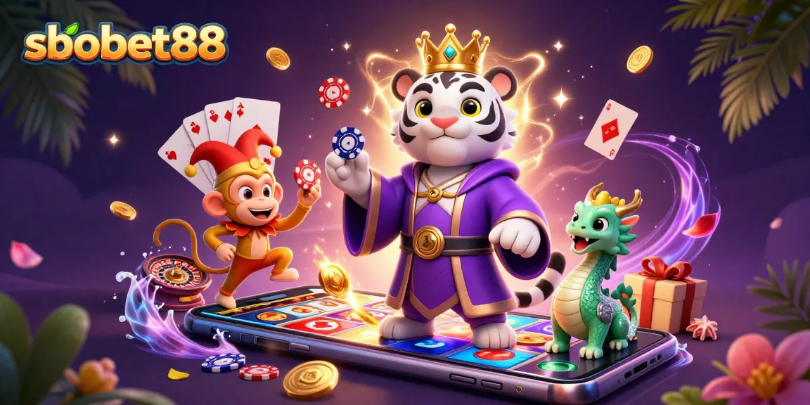 Experience sbobet88's vibrant gaming world with a royal tiger and playful monkey amidst golden chips.