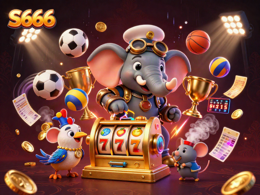 S666 captures excitement in a vibrant casino scene with a steampunk elephant and dynamic slot machine.