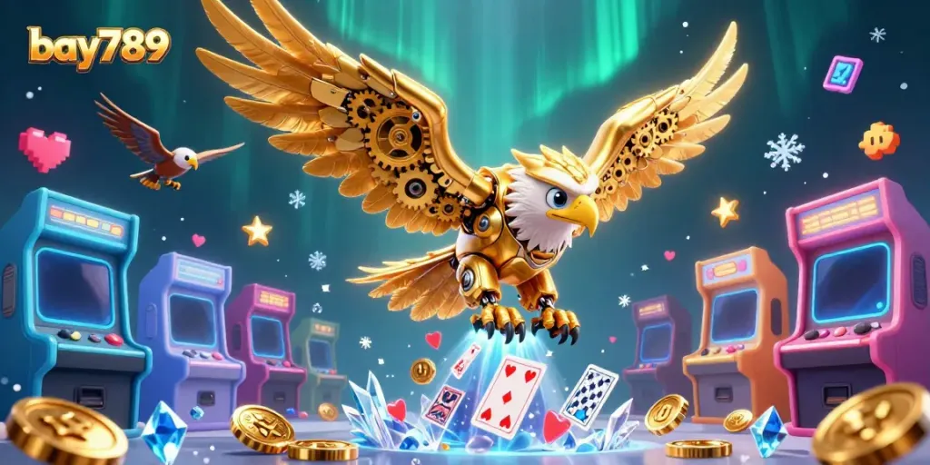Experience iconic bay789 poker action with a cybernetic eagle amidst dazzling game elements.