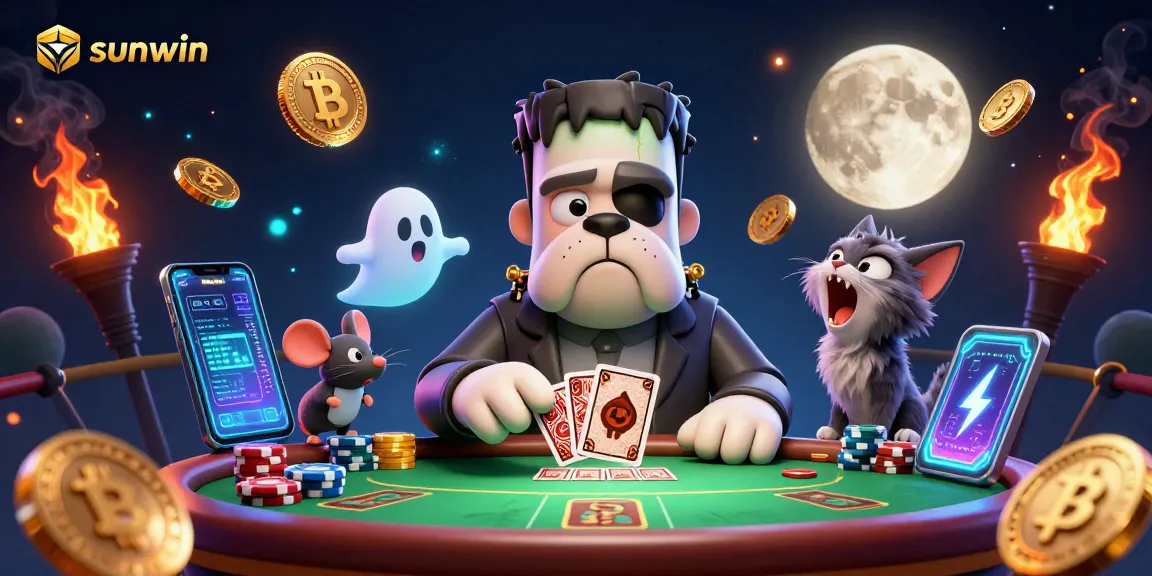 Sunwin table gaming scene with Frankenstein bulldog and werewolf kitten in a high-stakes poker game.