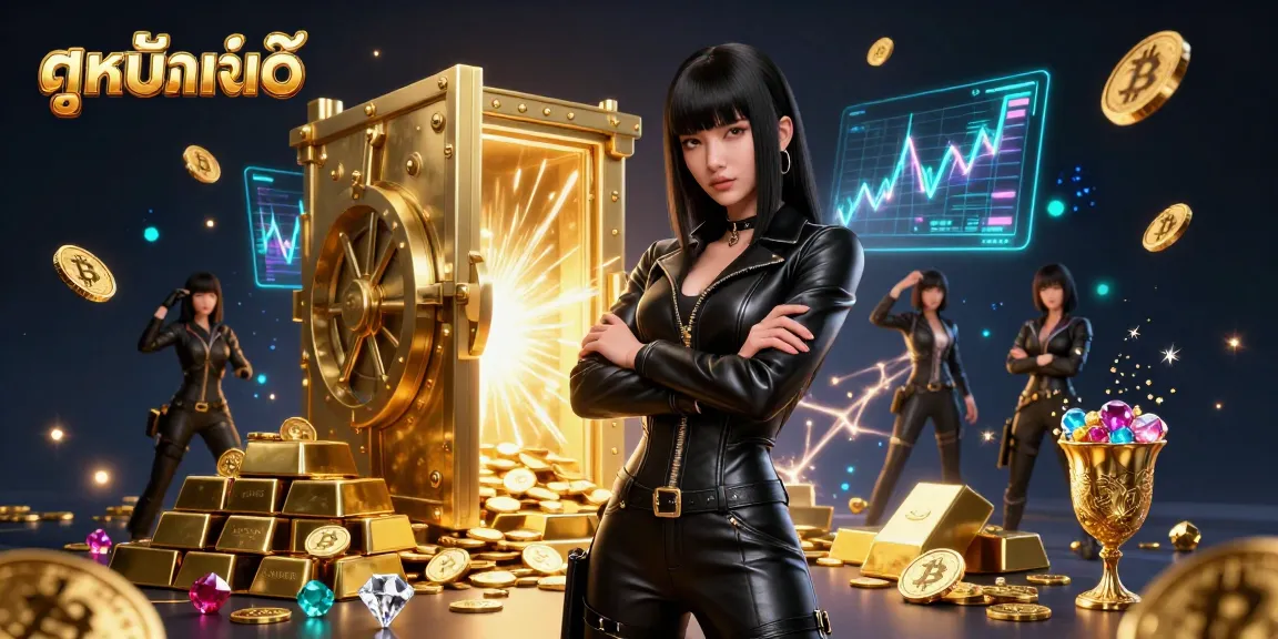 Engaging in ดูหนังออนไลน์ with a striking Asian woman surrounded by treasure and Bitcoin coins