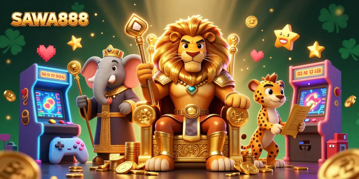 Experience winning with SAWA888 at this vibrant casino scene featuring a lion king and game elements.