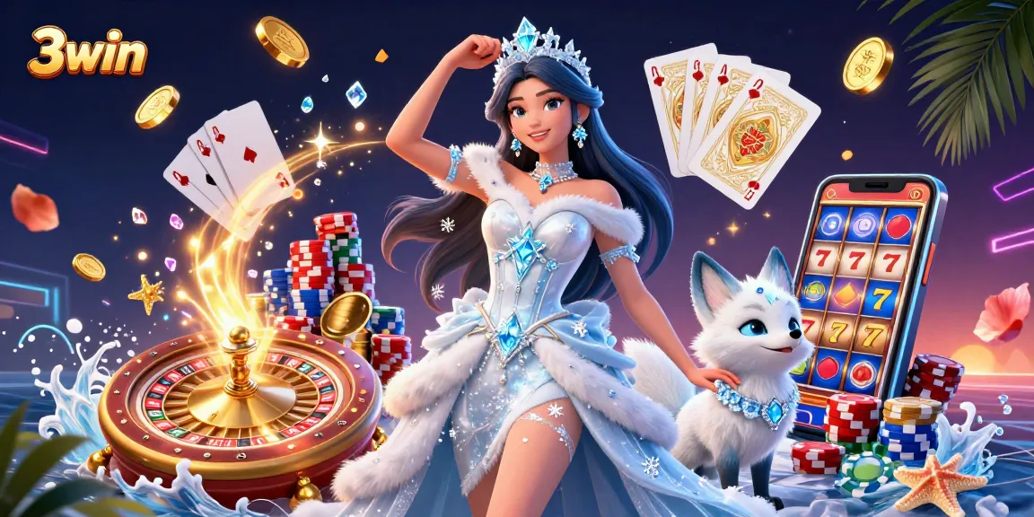 Experience the magic of 3win as golden coins and casino elements swirl around a stunning ice queen.