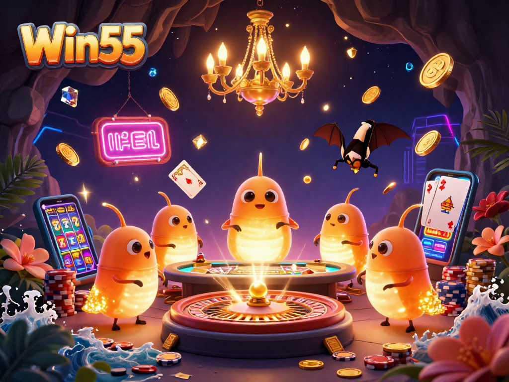 Experience Win55's vibrant cave casino with glowing glowworms and dynamic gaming elements.