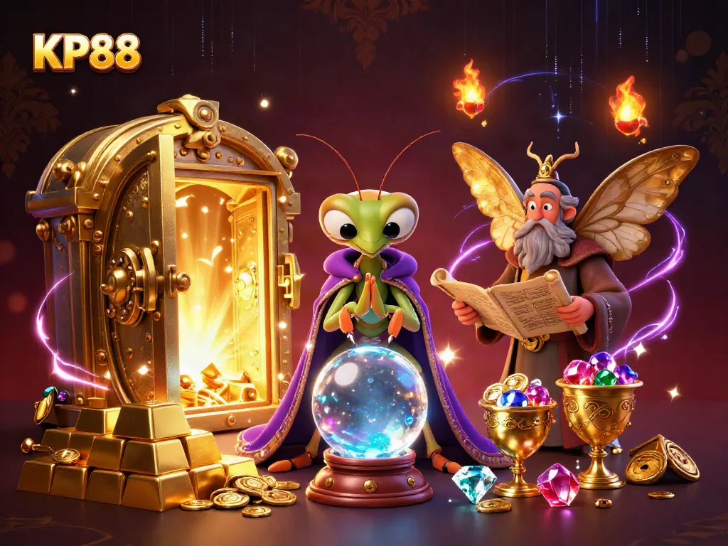 Experience the magic of KP88 with a 3D fortune teller and shimmering treasures in a mystical setting.