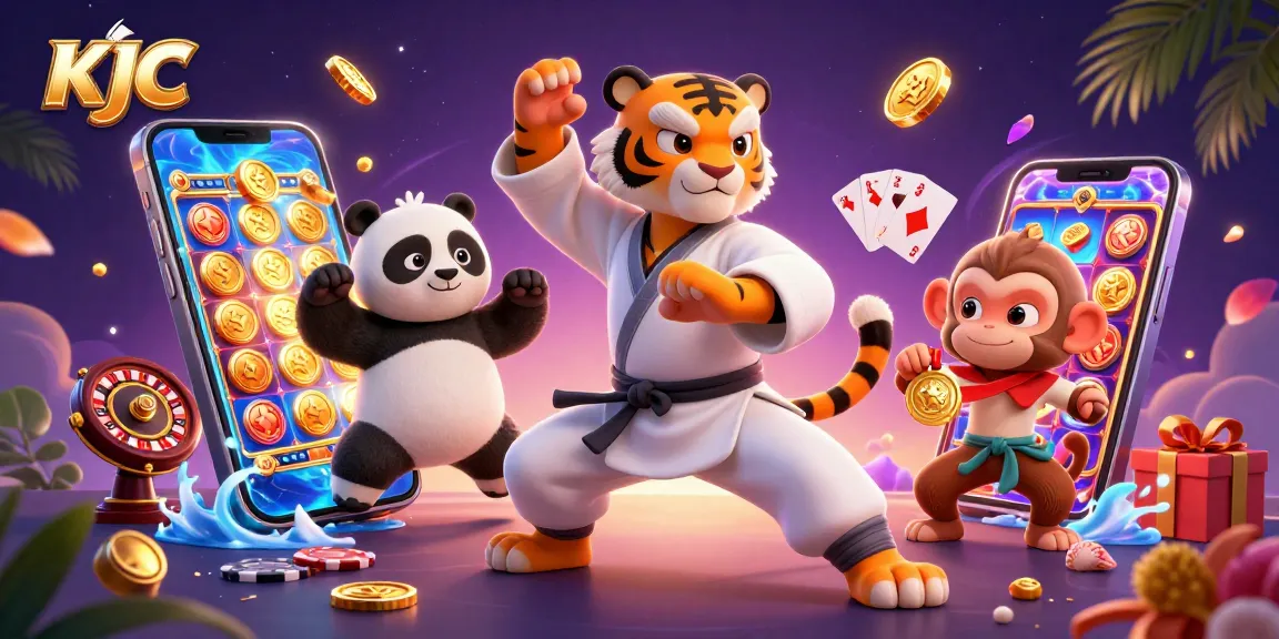 KJC unleashes vibrant casino excitement with a 3D tiger, panda, and monkey in a dynamic gambling scene.