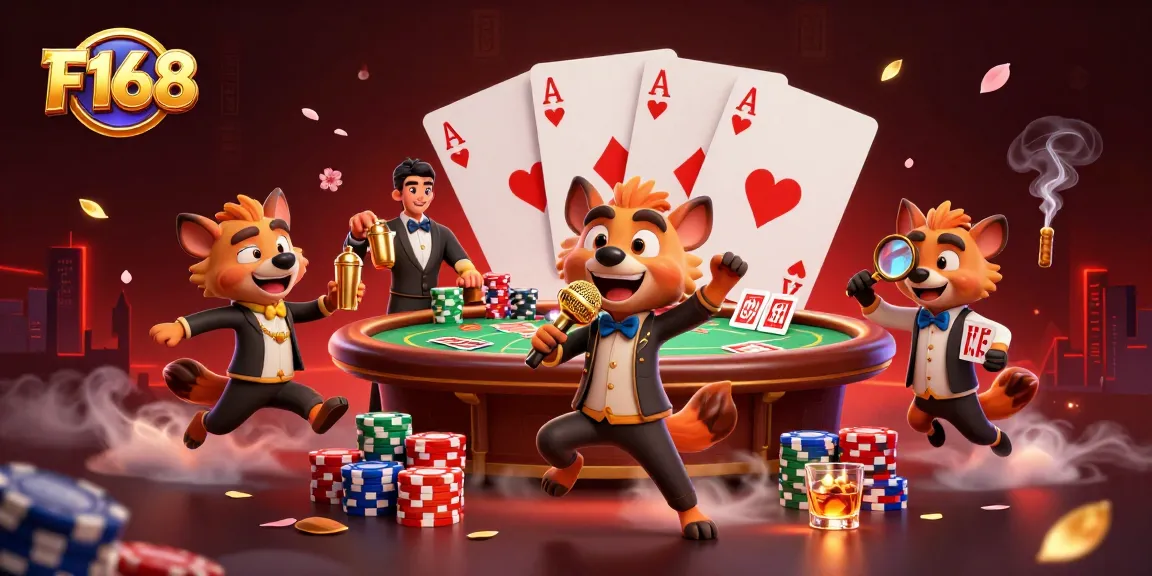 F168 hyenas in a vibrant casino scene, comedy show with poker elements and lively atmosphere.