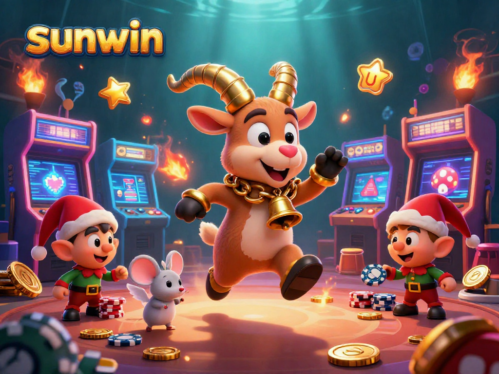 Experience thrilling casino action with sunwin in an engaging 3D cartoon art featuring festive characters and vibrant gaming elements.