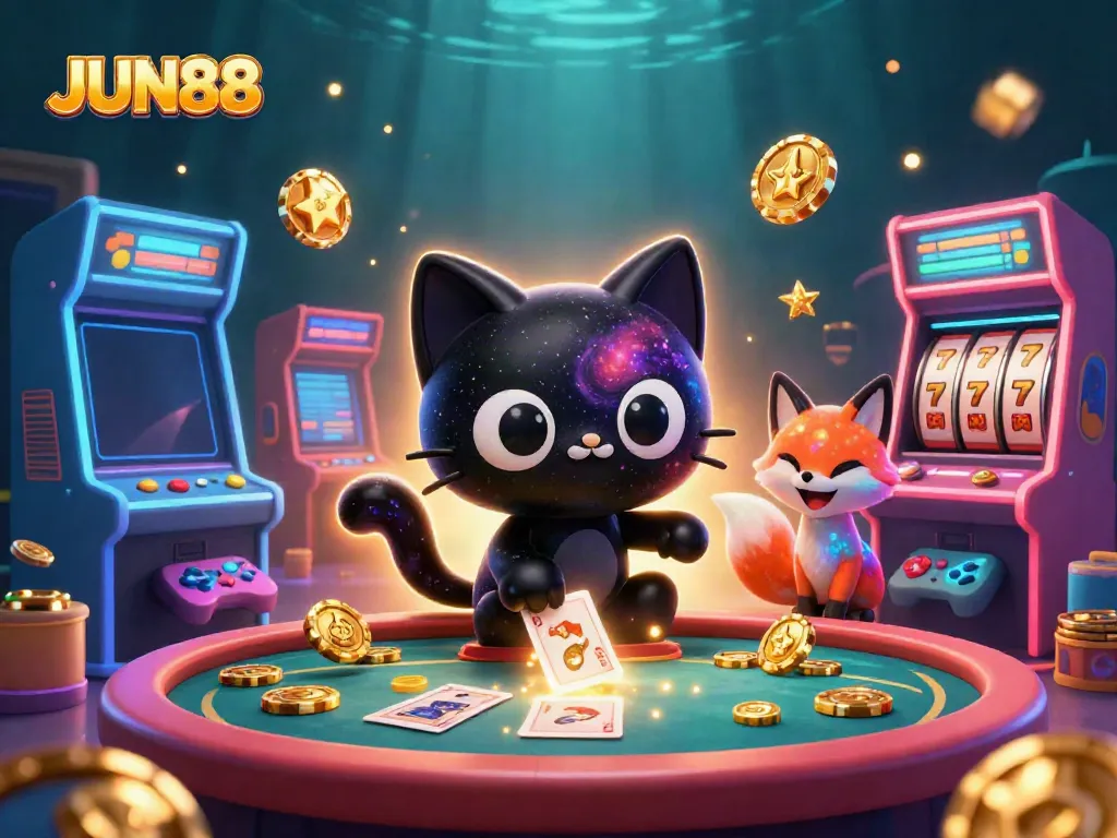 Experience JUN88's dynamic gaming atmosphere with vibrant characters and casino elements.
