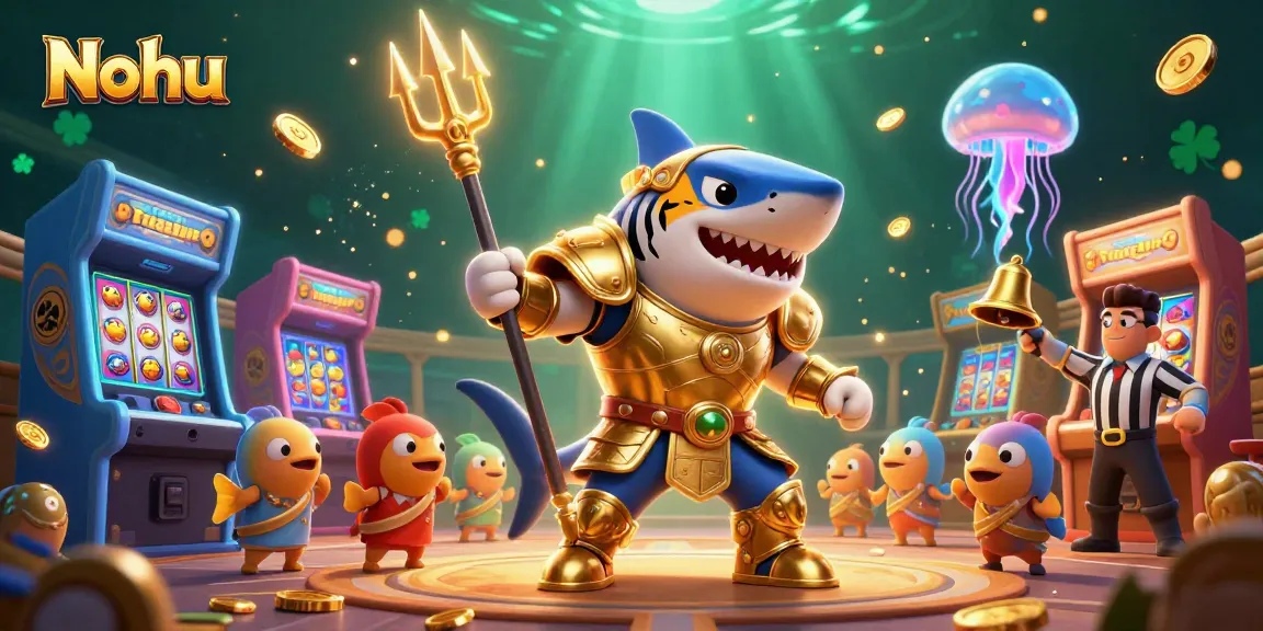 Nohu game action featuring a golden armored shark in a vibrant underwater scene, surrounded by colorful slot elements.