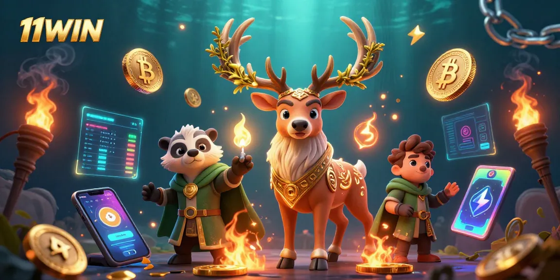 Experience the thrill of 11WIN with vibrant characters in an energetic casino scene showcasing cryptocurrency.
