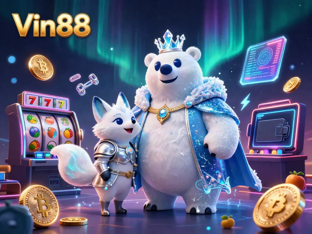 Experience thrilling slot games with Vin88 as the icy king and his fox ally explore a vibrant casino.