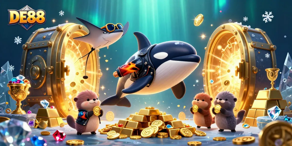 DE88 orca whale jumps through a vibrant casino scene filled with gold coins and treasures.