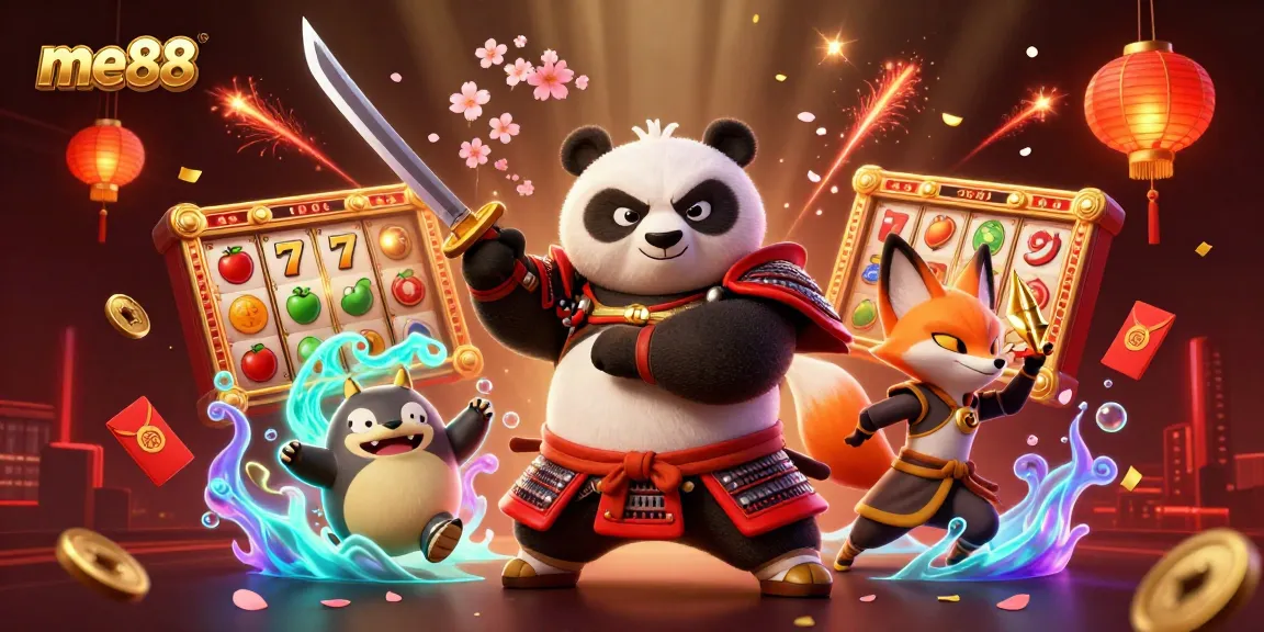 Experience excitement at me88 as a 3D samurai panda faces off with a ninja fox, surrounded by vibrant casino symbols.