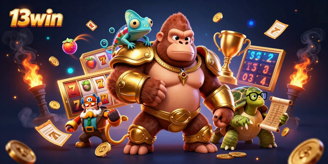 Join 13win's exciting casino adventure with a golden gorilla king, vibrant symbols, and dynamic gameplay.