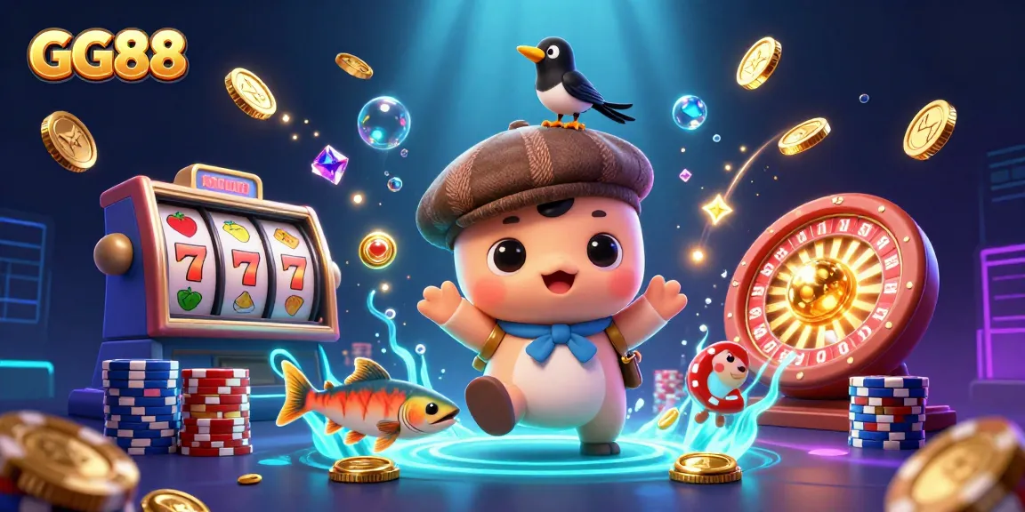 Spin to win with GG88 in this vibrant casino scene featuring cartoon characters and slot machine reels!