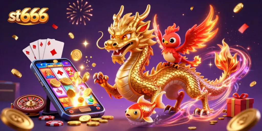 Join st666's thrilling adventure with a golden dragon, enchanting phoenix, and koi fish amidst vibrant gaming elements in a lavish casino.