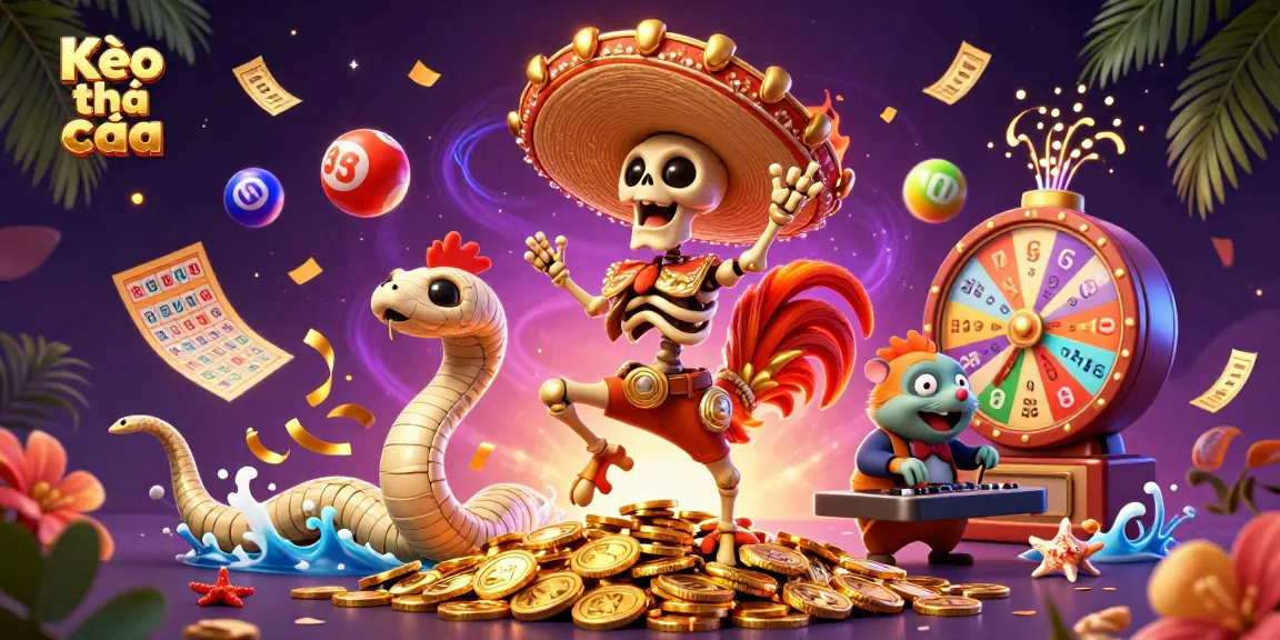 Kèo nhà cái showcases a vibrant scene of a mariachi rooster dancing on golden coins with lottery elements.