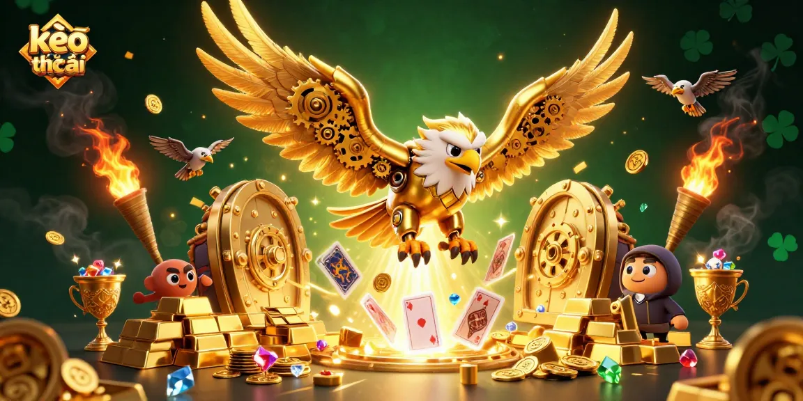 Engaging kèo nhà cái scene showcasing a golden eagle amidst vibrant gaming elements and treasures.