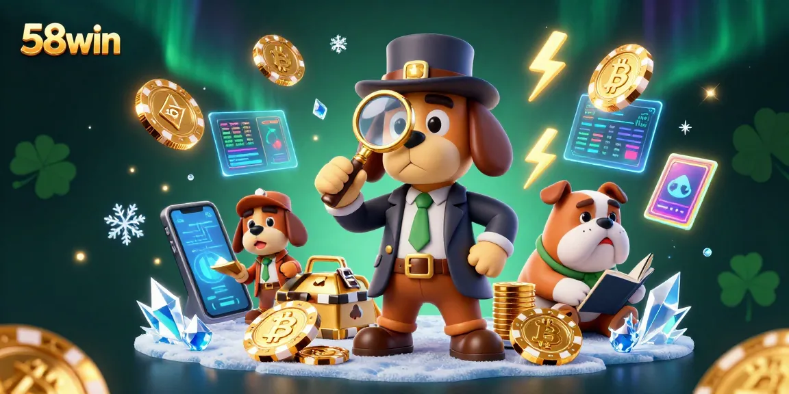 Engage in the thrill of 58win as a detective dog decodes poker chip clues in a vibrant, casino scene.