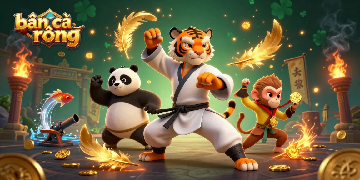 Engage in bắn cá rồng excitement with a kung fu tiger master, panda disciple, and a monkey stealing gold.